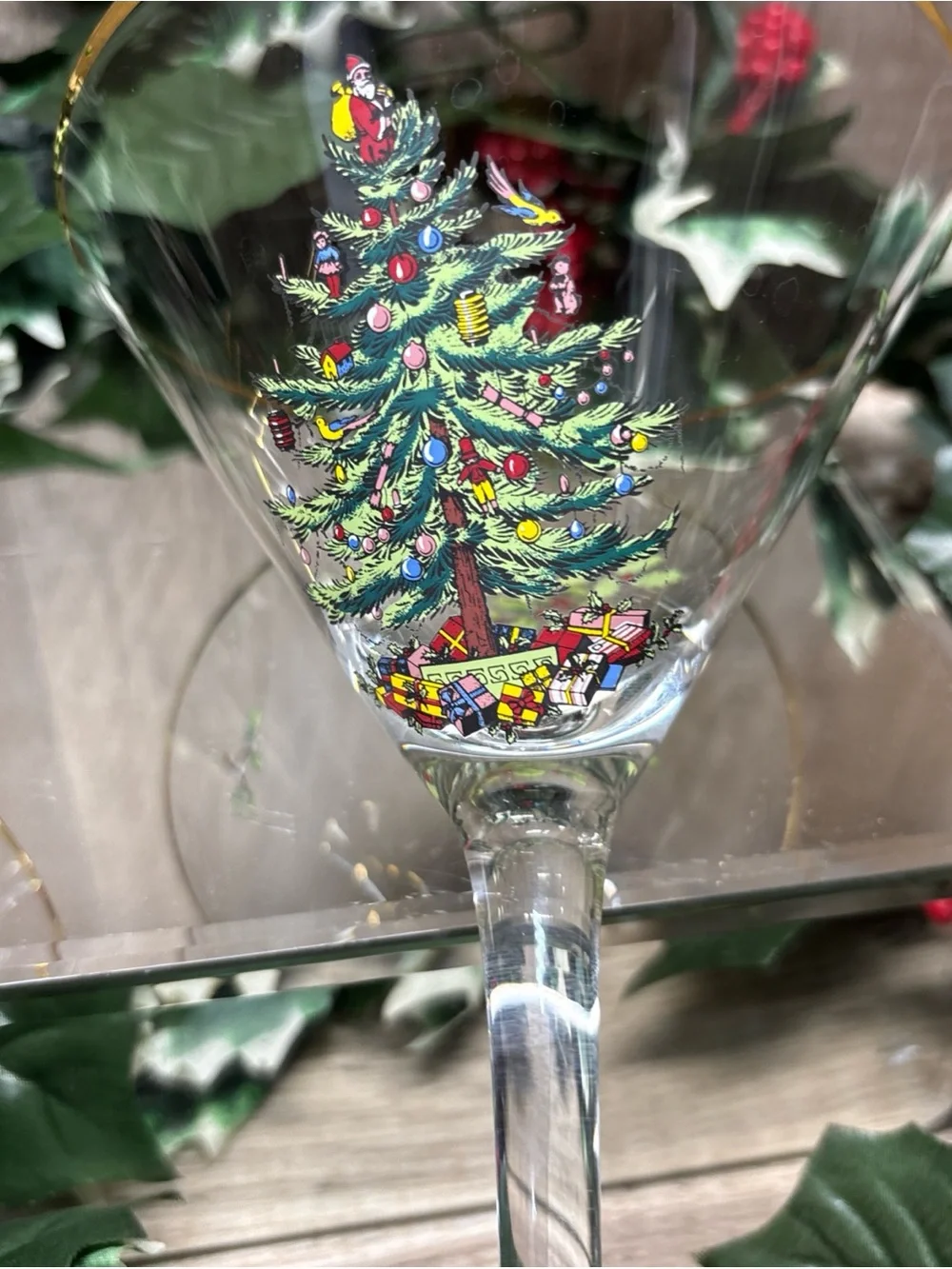 Spode Christmas Tree Martini Glass Gold Rim Single Stem Set Of 2Holidaycheer